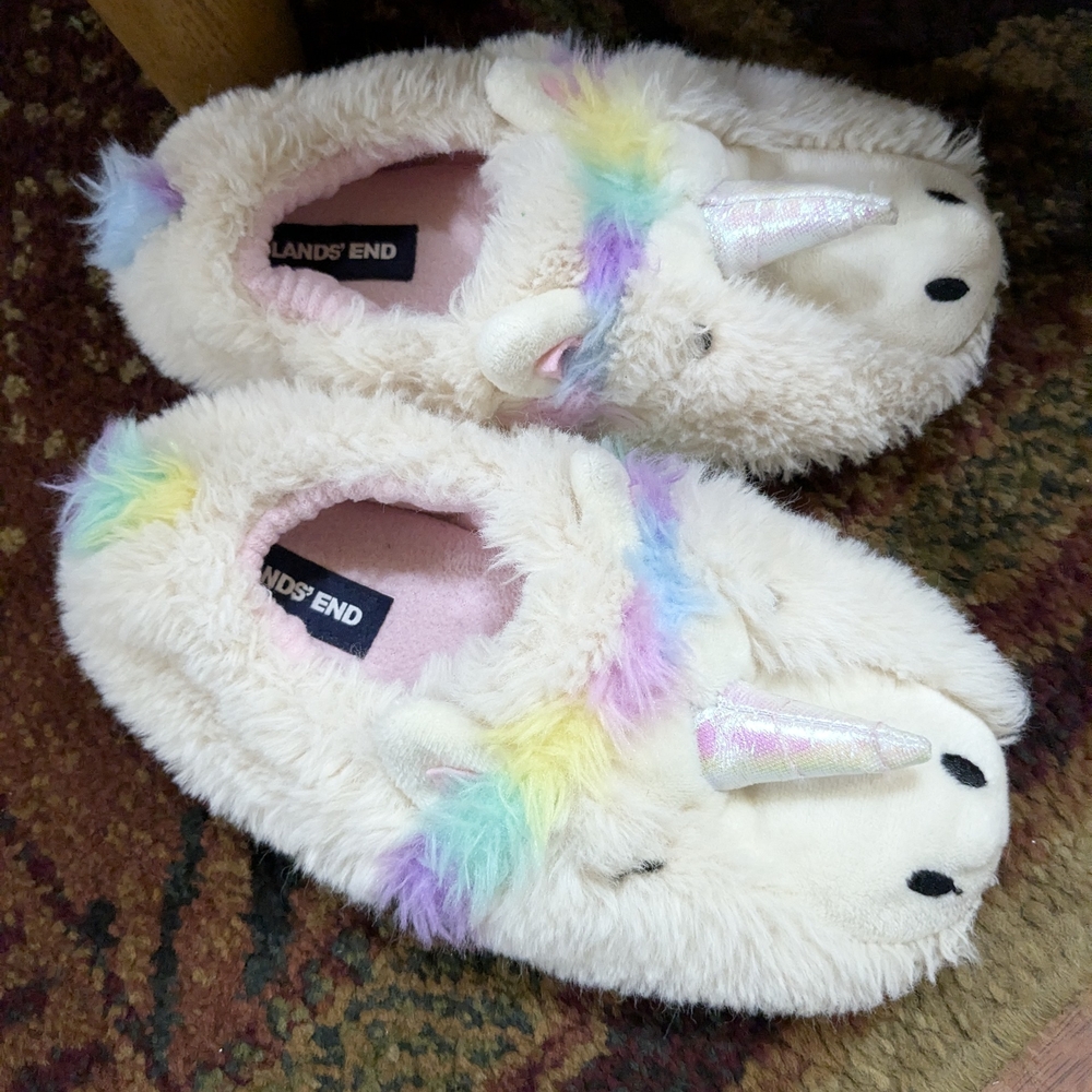 Lands' End Plush Unicorn Slippers with Rainbow Details